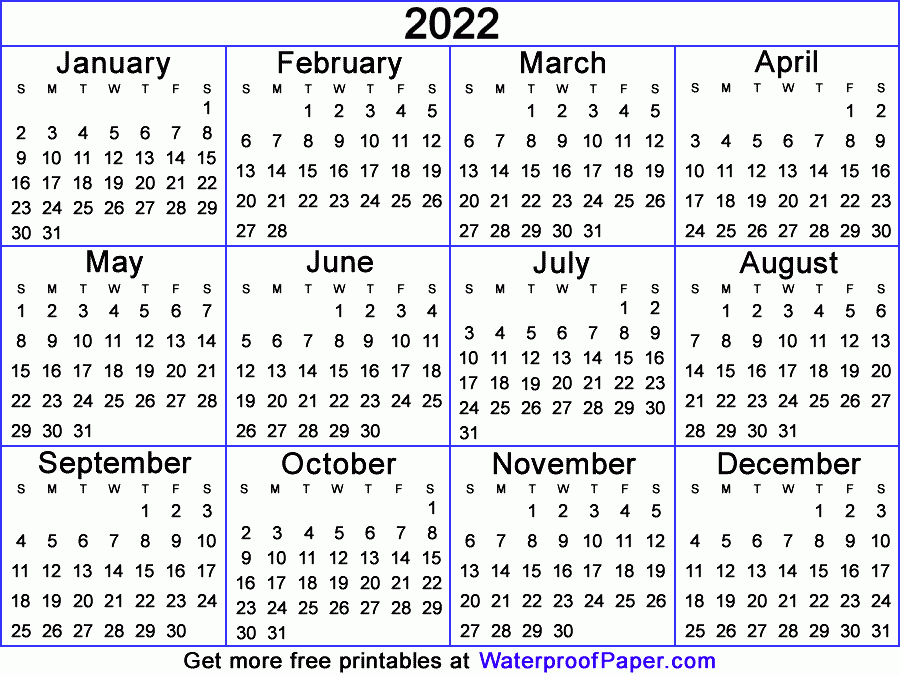 One Page Calendar - Free Printable For 2021, 2022  2022 Yearly Free Printable 2022 Calendar On One Page