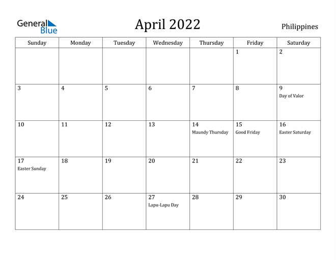 Philippines April 2022 Calendar With Holidays  Printable Calendar April 2022 To March 2023