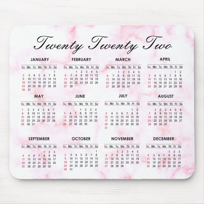 Pink And White Marble | Custom 2022 Calendar Mouse Mat  2022 Calendar Printable Pink