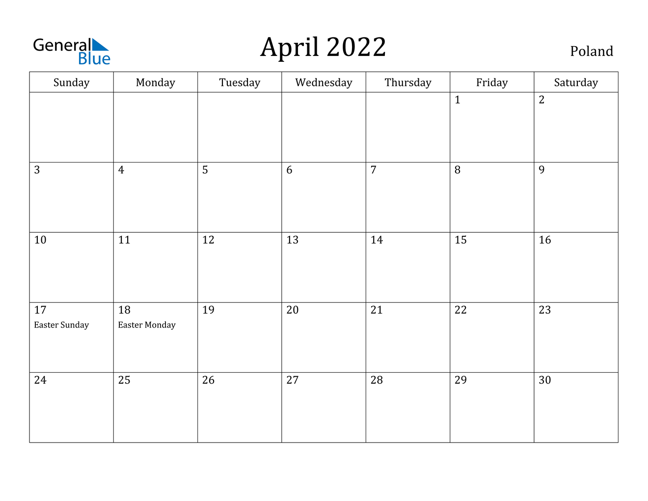 Poland April 2022 Calendar With Holidays  March April May June 2022 Calendar