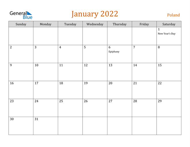 Poland January 2022 Calendar With Holidays  Calendar 2022 January To May