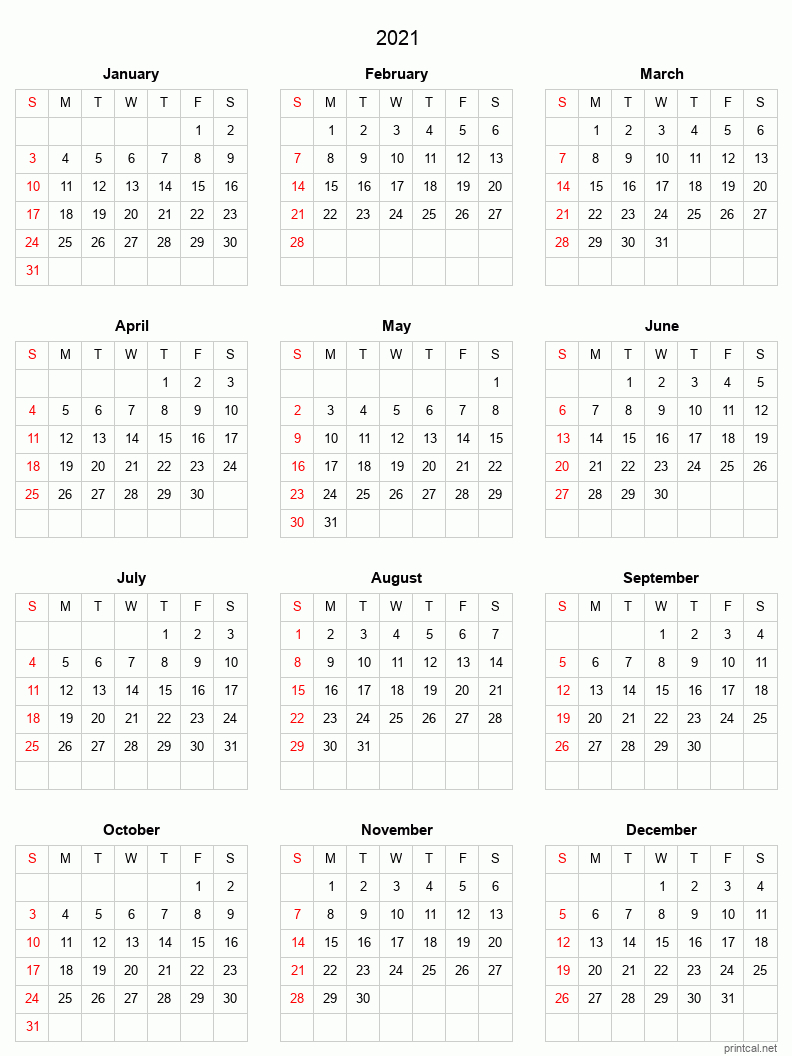 Print Free 2021 Yearly Calendar With Boxes | Calendar  Whole Year Printable Calendar 2022