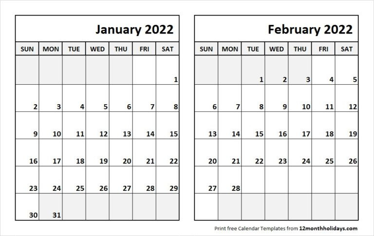 Print January February 2022 Calendar Template | 2 Month  Leave Calendar For 2022