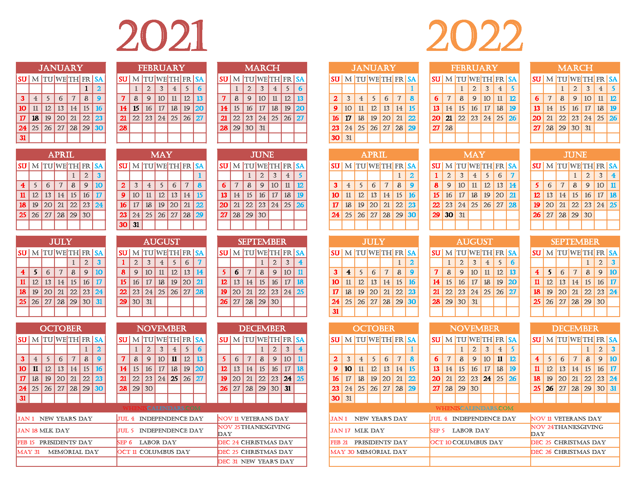 Printable 2021 And 2022 Calendar With Holidays  Calendar 2022 Government Holidays