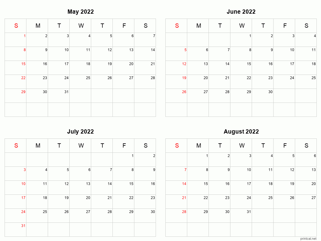 Printable 2022 Calendar - Four Months Per Page | Free  Scps 2022 To 2022 Calendar
