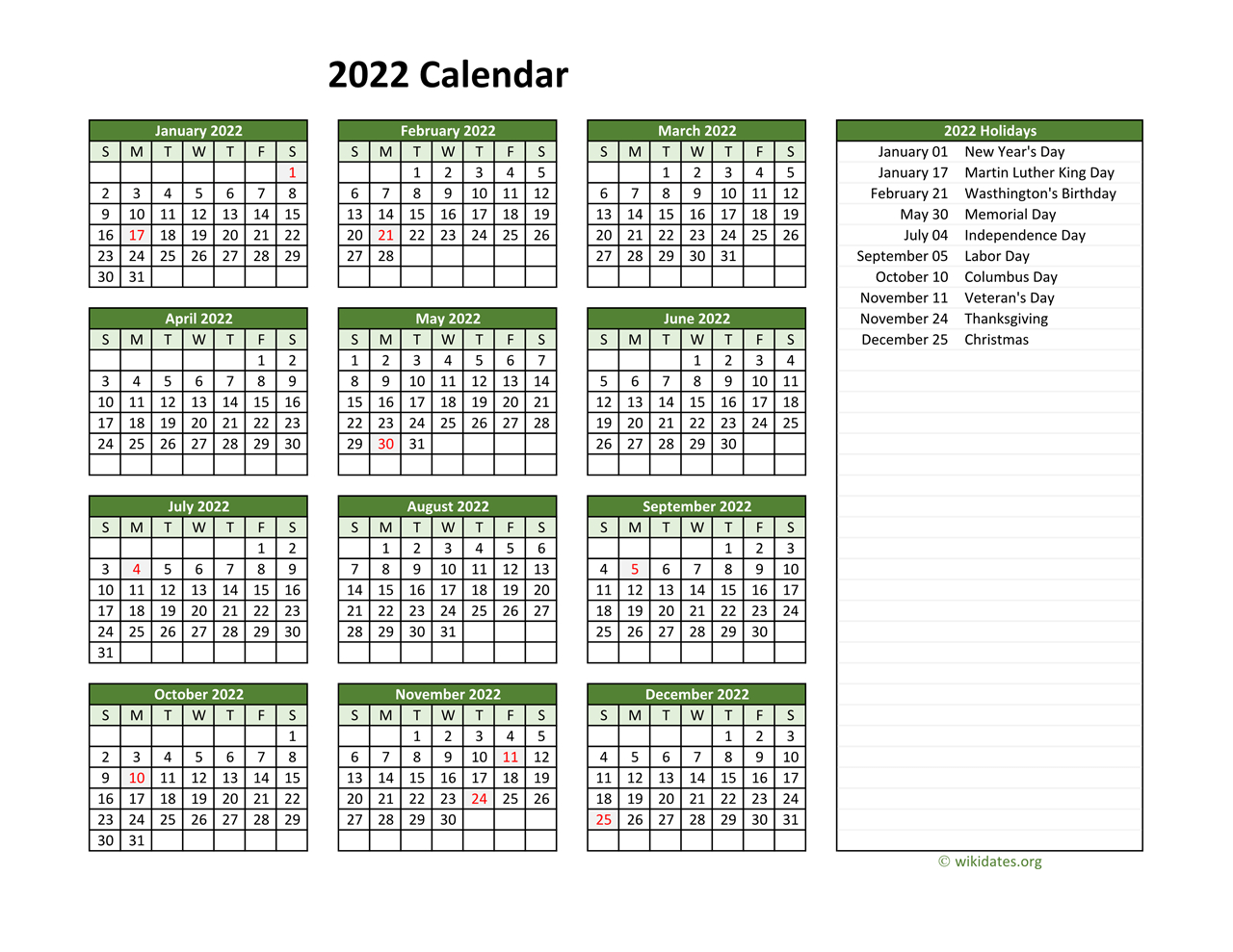Printable 2022 Calendar With Federal Holidays | Wikidates  Free Printable Calendar 2022 Plants
