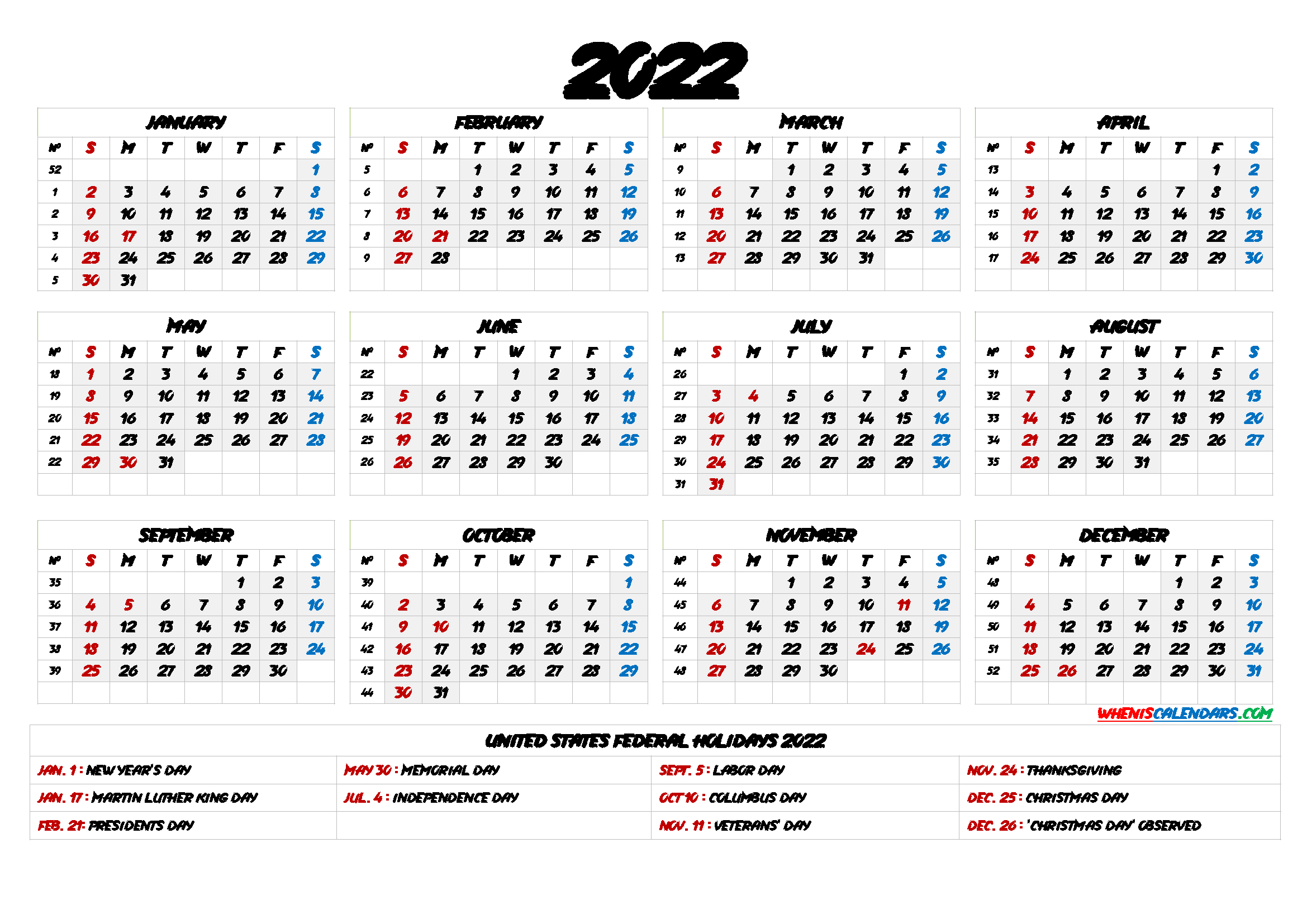 Printable 2022 Calendar With Holidays - 6 Templates  Calendar 2022 Government Holidays