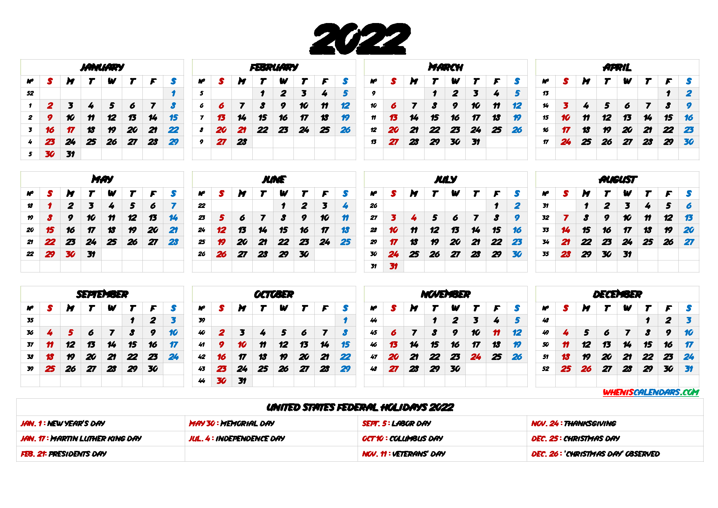 Printable 2022 Calendar With Holidays - 6 Templates  Federal Holiday Calendar For 2022
