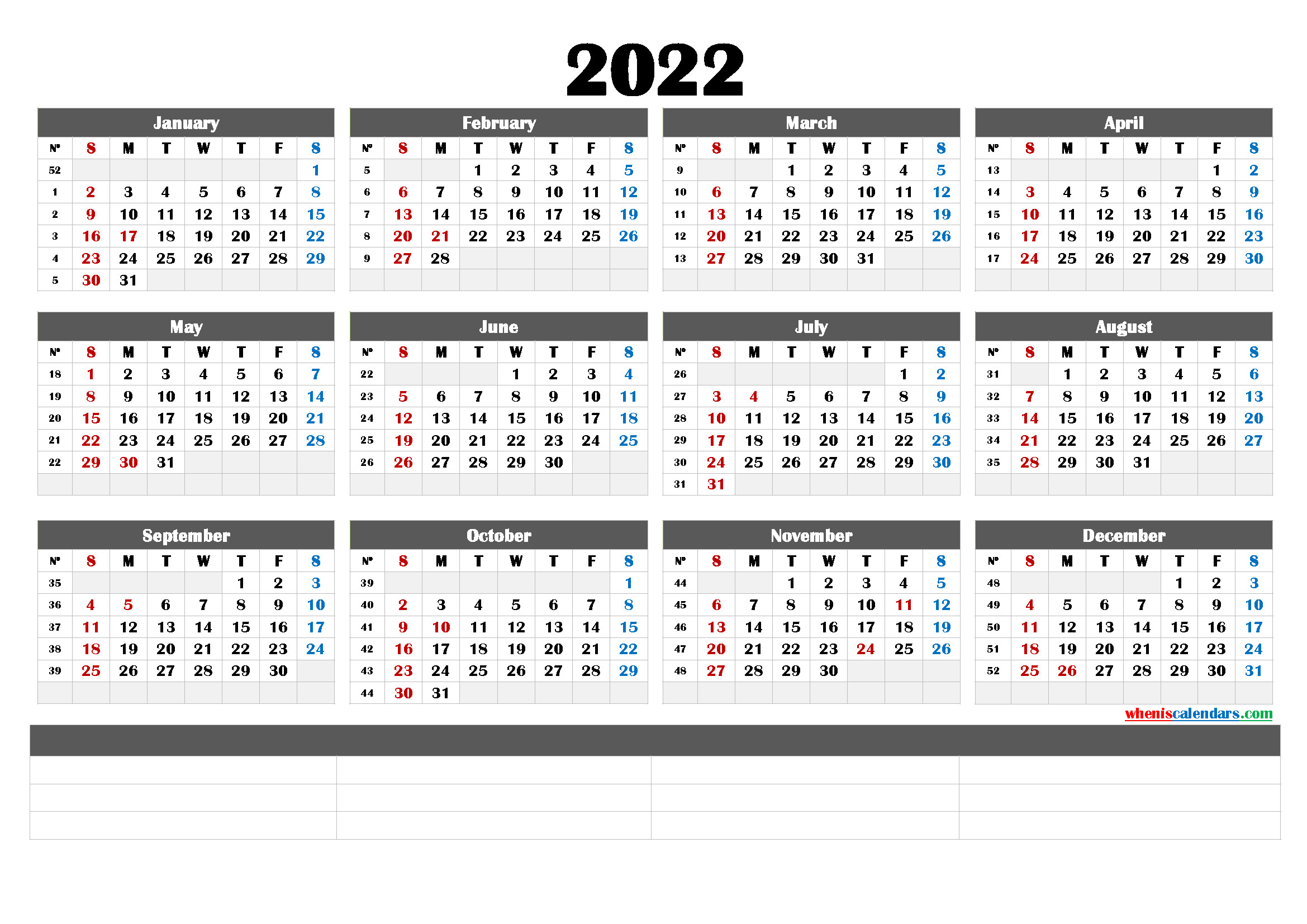 Printable 2022 Calendaryear (6 Templates)  Free Printable Whole Year Calendar 2022