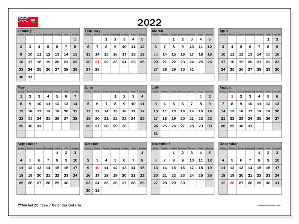 Printable 2022 &quot;Ontario&quot; Calendar - Michel Zbinden En  Free Printable 2022 Calendar Canada Printable With Holidays