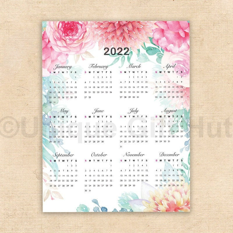Printable 2022 Watercolor Floral Wall Calendar Watercolor  Free Printable Calendar 2022 Year At A Glance