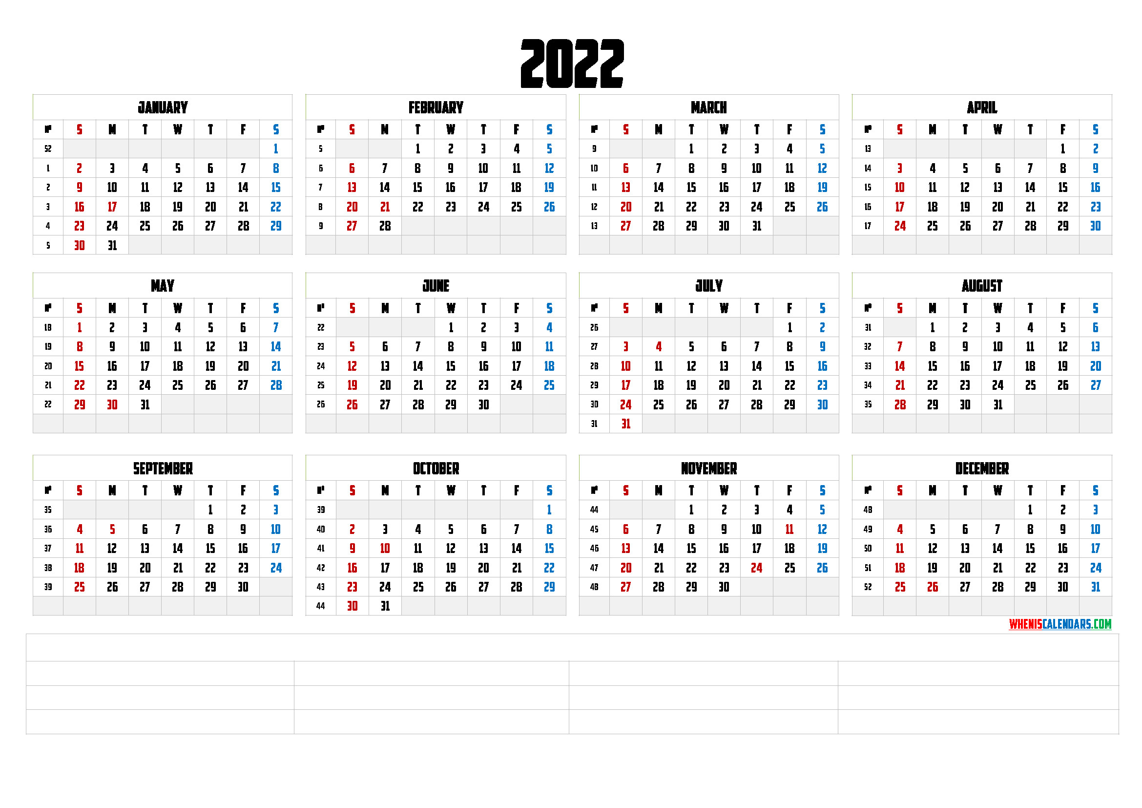 Printable 2022 Yearly Calendar (6 Templates) - Free  Calendar For 2022 With Week Numbers
