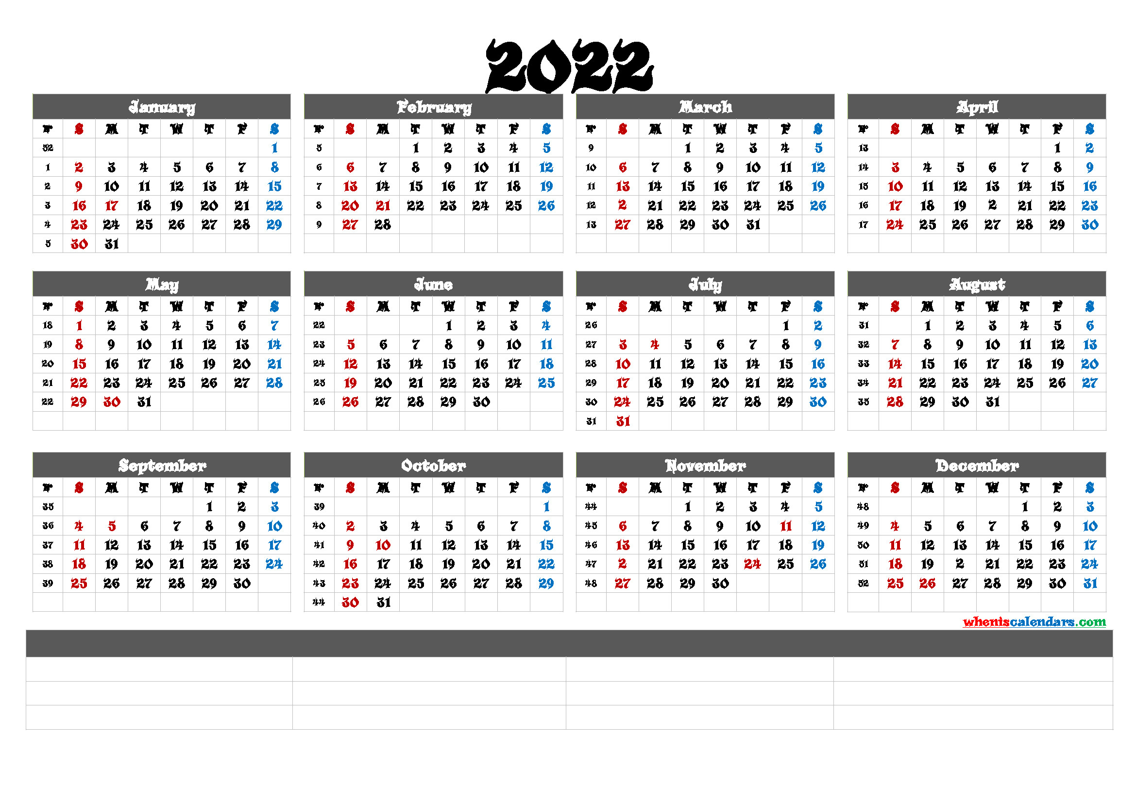 Printable 2022 Yearly Calendar (6 Templates) - Free  How To Make A 2022 Calendar
