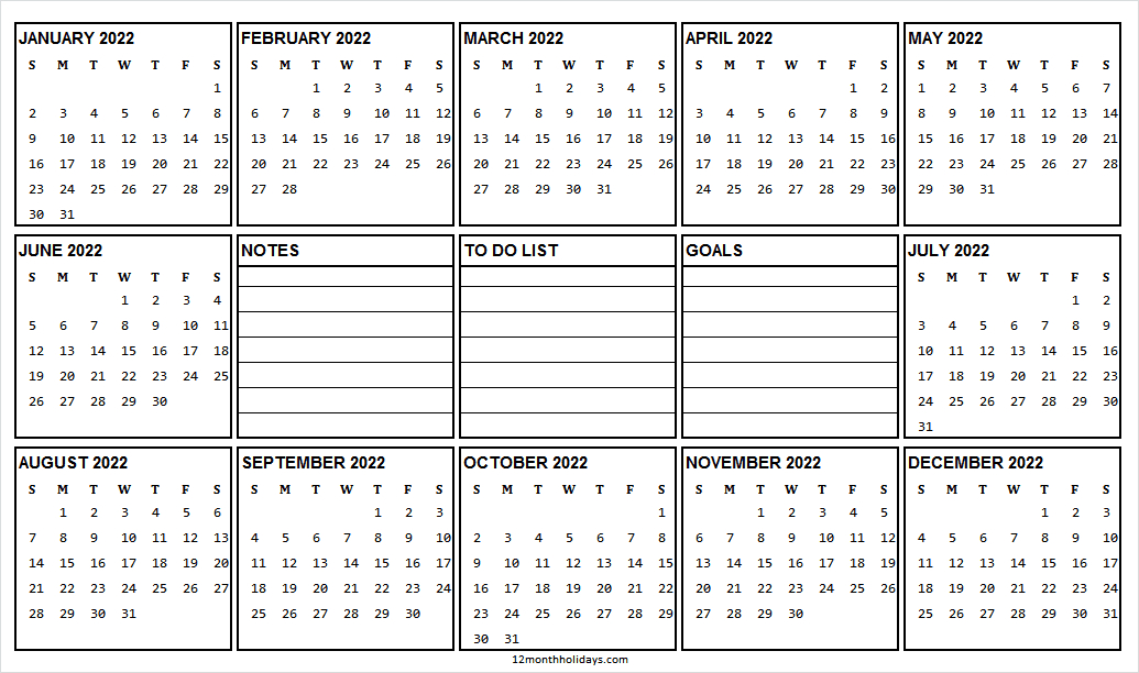 Printable 2022 Yearly Calendar Template | Jan To Dec 2022  Printable 2 Year Calendar 2022 And 2022