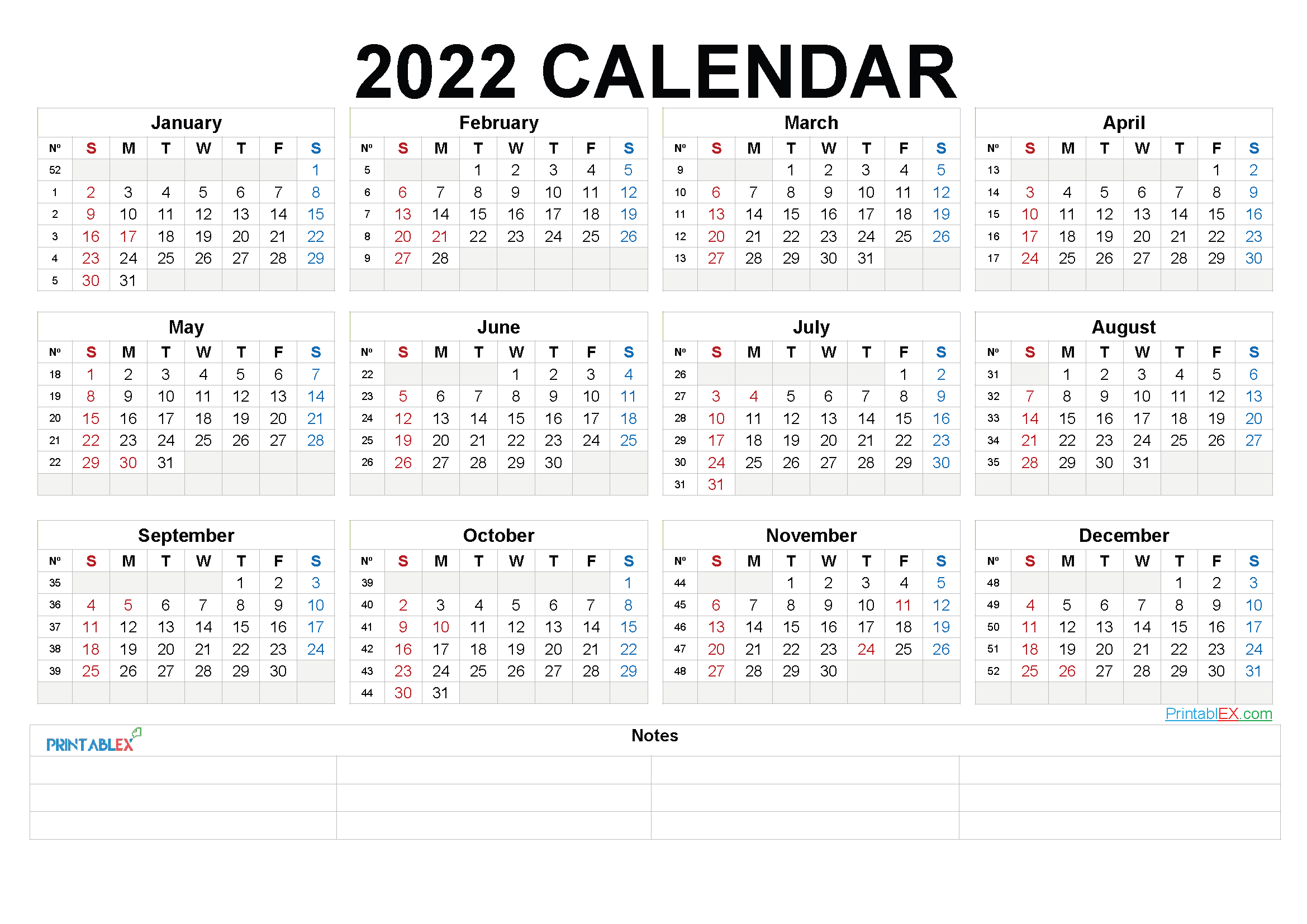 Printable 2022 Yearly Calendar With Week Numbers - 22Ytw203  Week Calendar For 2022