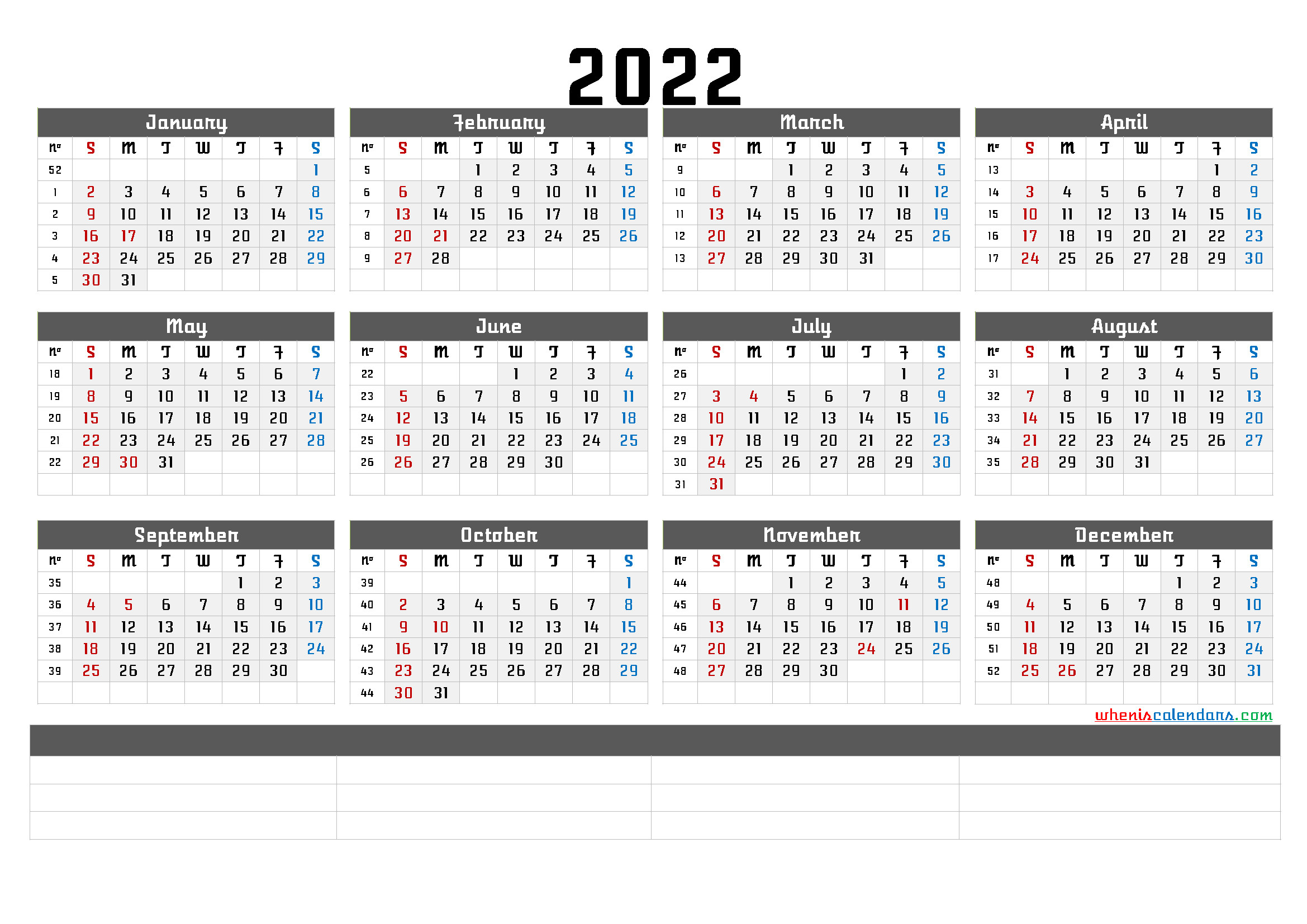 Printable 2022 Yearly Calendar With Week Numbers (6 Templates)  2022 Calendar Printable Word Document