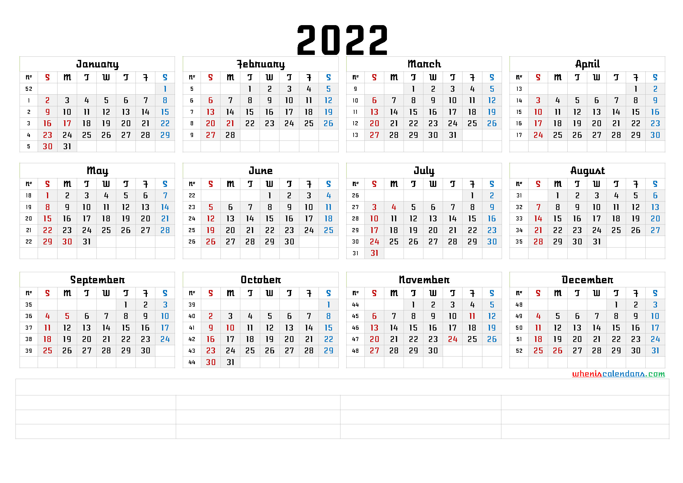 Printable 2022 Yearly Calendar With Week Numbers (6 Templates)  Free 2022 Calendar Printable Pdf