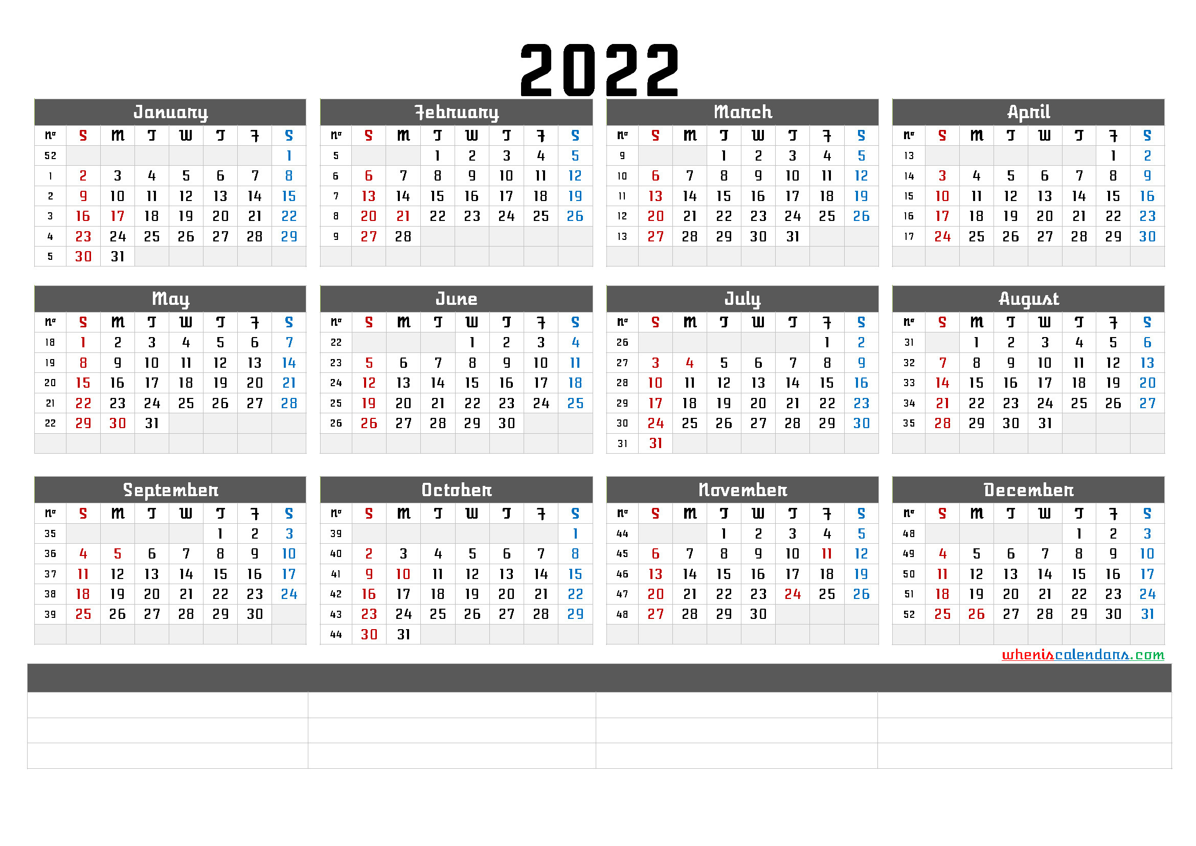Printable 2022 Yearly Calendar With Week Numbers (6 Templates)  Free Printable Calendar 2022.Com