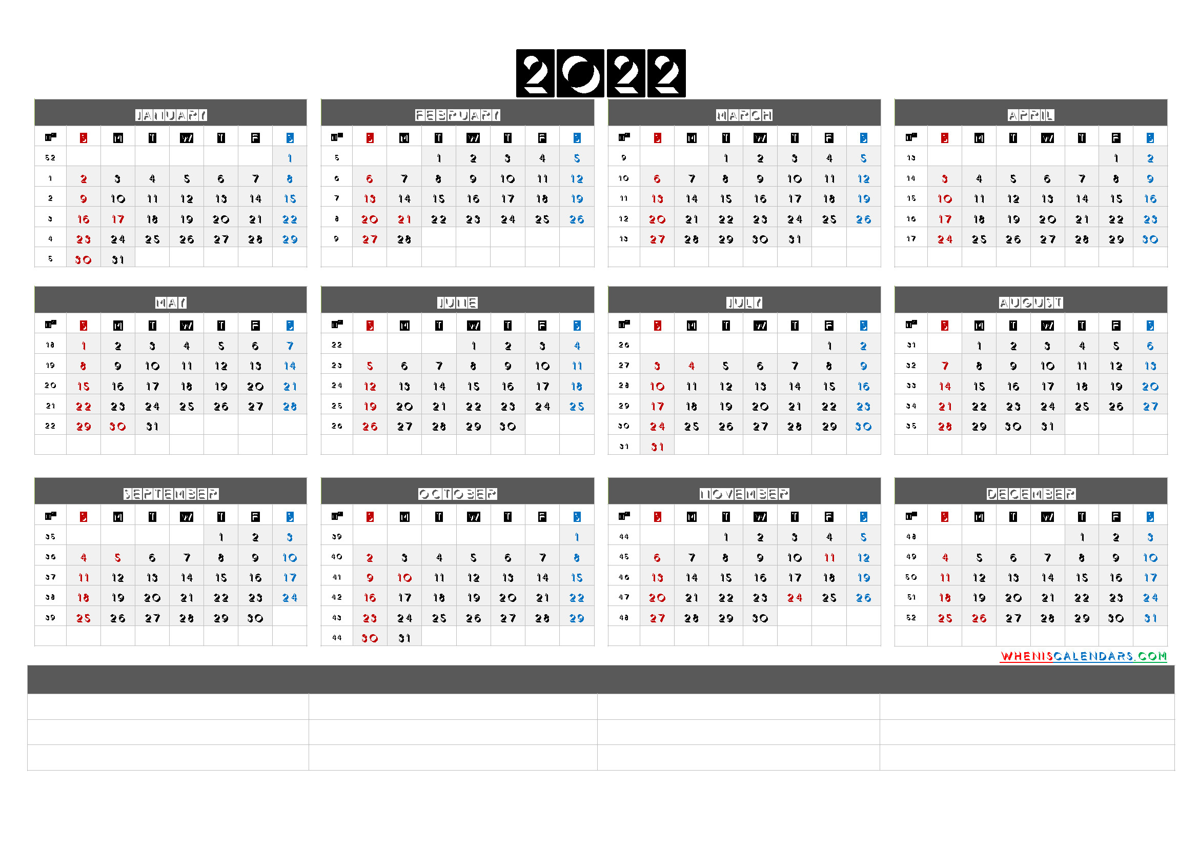Printable 2022 Yearly Calendar With Week Numbers (6 Templates)  Printable Calendar 2022 Large
