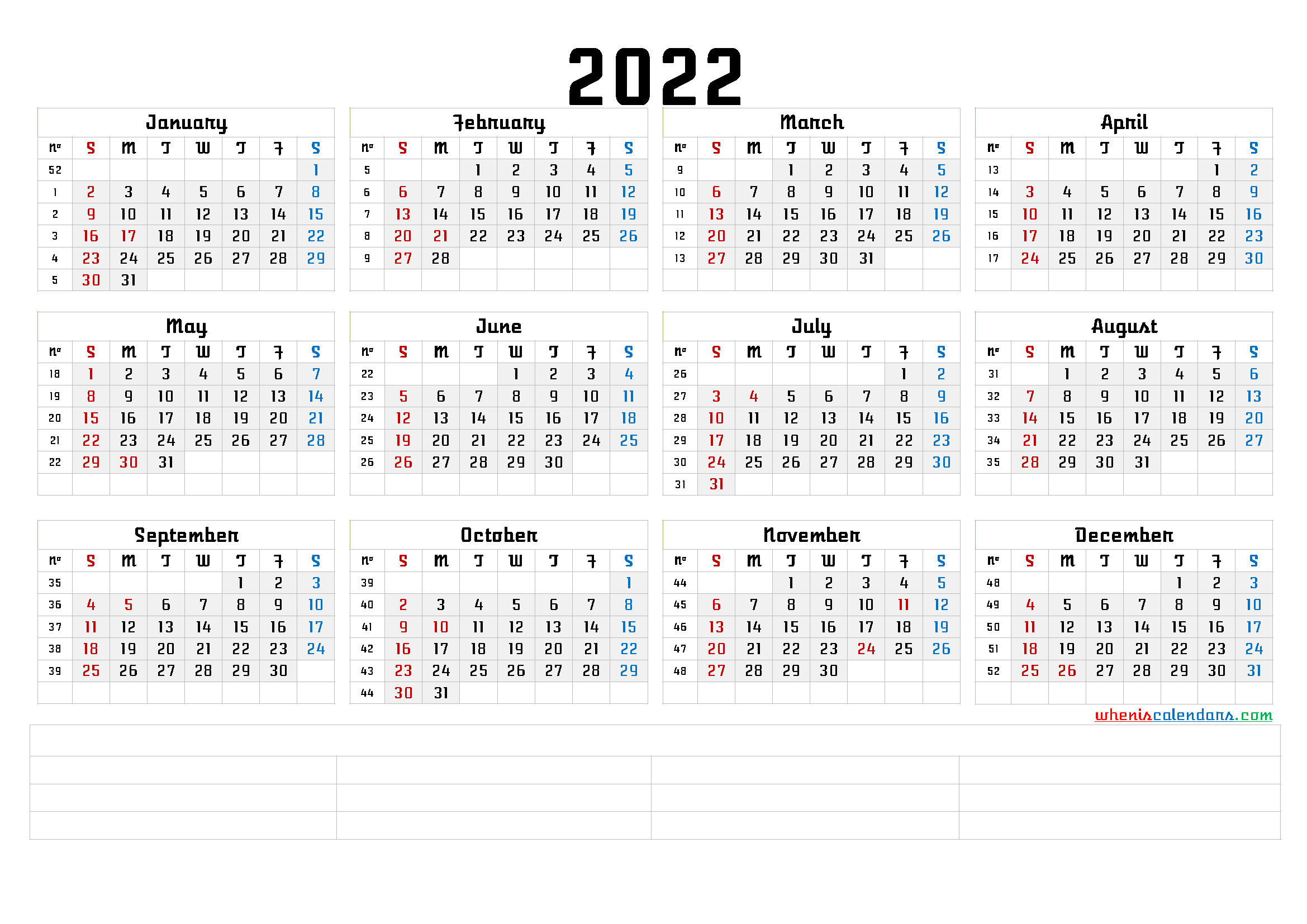 Printable 2022 Yearly Calendar With Week Numbers (6 Templates)  Printable Calendar 2022 Word