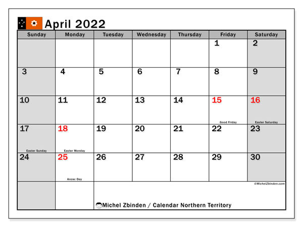 Printable April 2022 &quot;Northern Territory (Ss)&quot; Calendar  How Many Weeks From April 2022 To March 2022