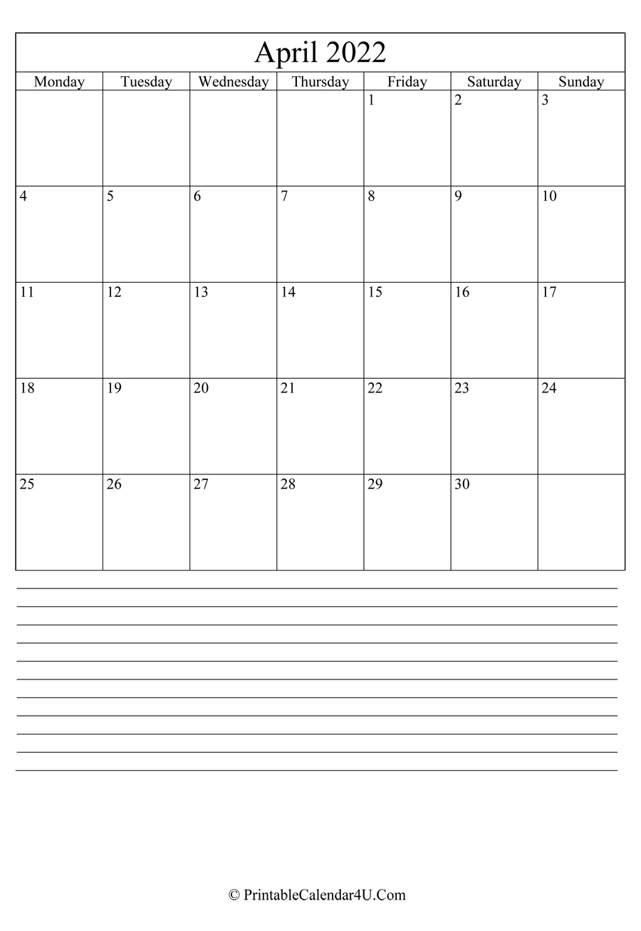 Printable April Calendar 2022 With Notes (Portrait)  April 2022 To March 2022 Calendar Excel