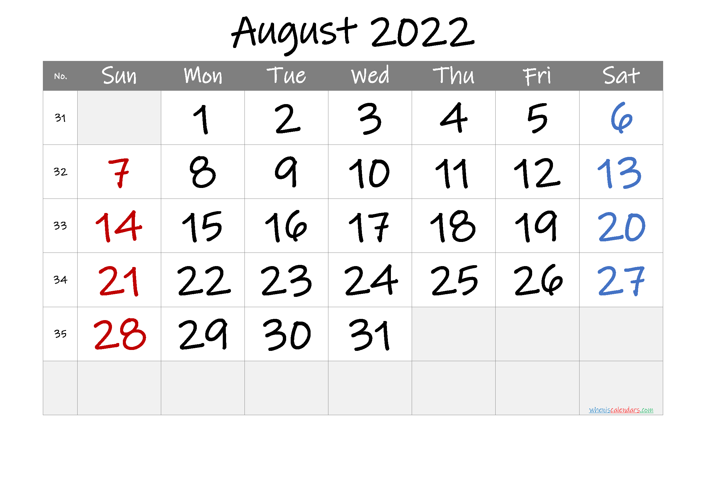 Printable August 2022 Calendar With Week Numbers  2022 Calendar Printable August