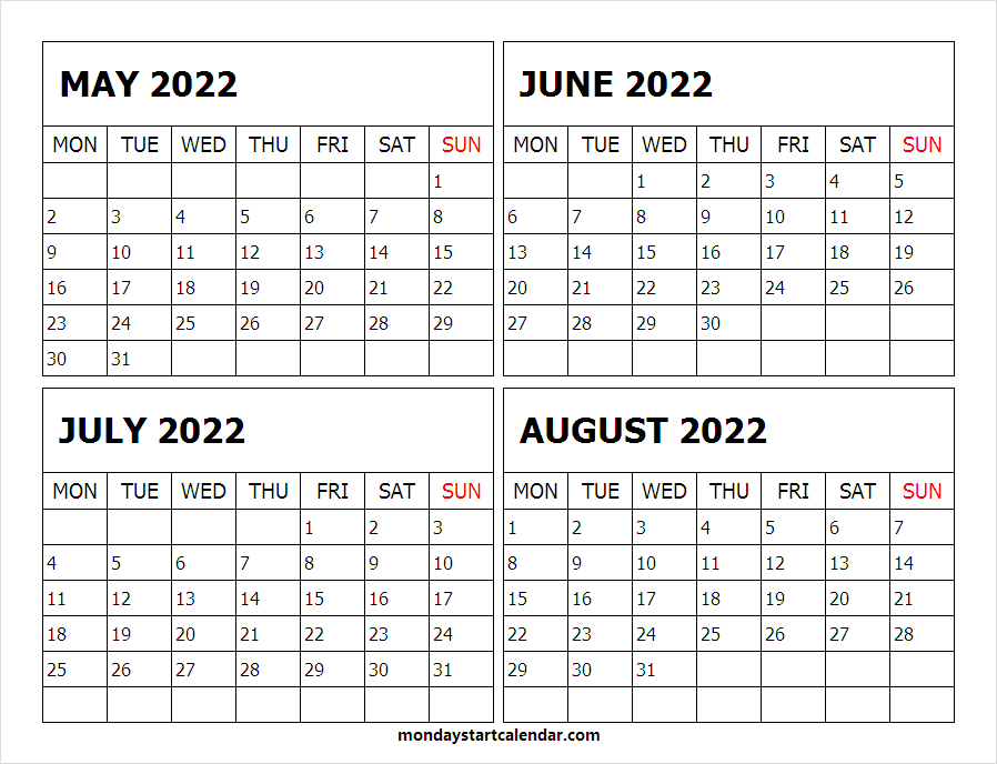 Printable Calendar 2022 May June July August - Blank  Printable Calendar 2022 June July August