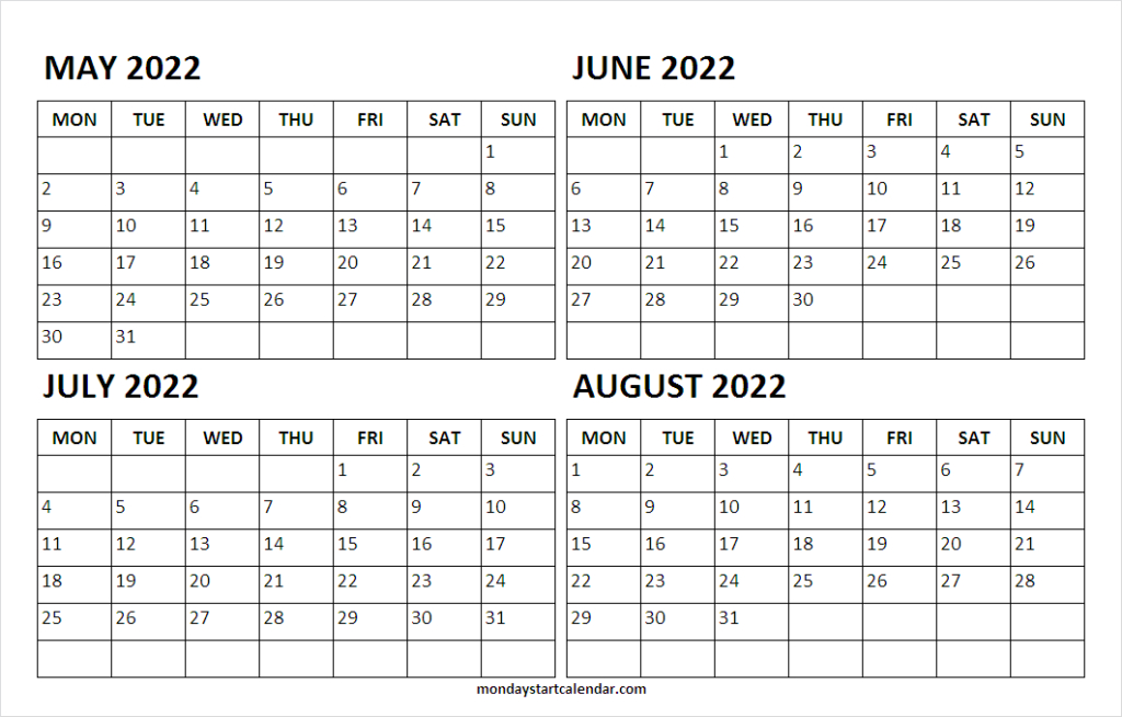 Printable Calendar 2022 May June July August - Blank  Printable Calendar 2022 June July August