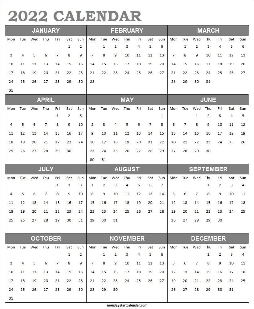 Printable Calendar 2022 Monday Start | Jan To Dec 2022  Editable 2022 Calendar Printable