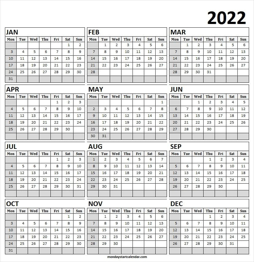 Printable Calendar 2022 Monday Start | Jan To Dec 2022  How To Make A 2022 Calendar