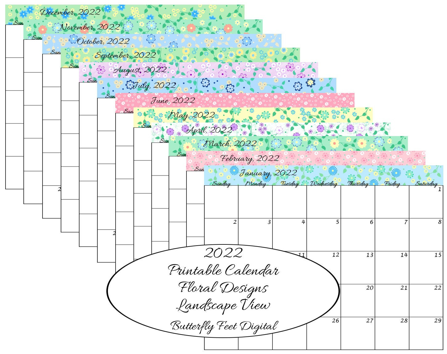 Printable Calendar 2022 Monthly Landscape View Floral | Etsy  8 1/2 X 11 Printable Calendar 2022