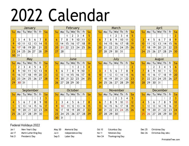 Printable Calendar 2022 One Page With Holidays (Single  Free Printable 2022 Calendar With Holidays Pdf