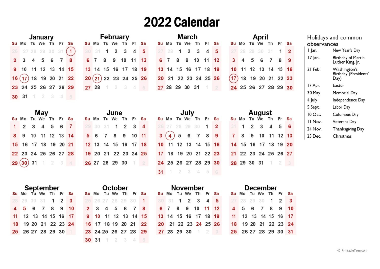 Printable Calendar 2022 One Page With Holidays (Single  Free Writable Calendar Template 2022