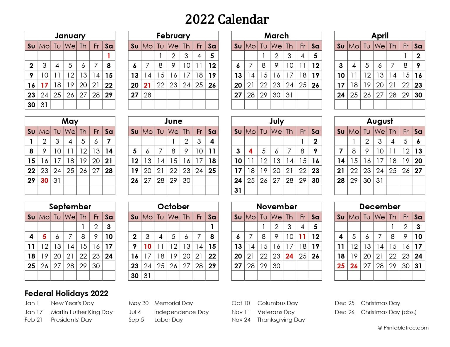 Printable Calendar 2022 One Page With Holidays (Single  Printable 2 Year Calendar 2022 And 2022