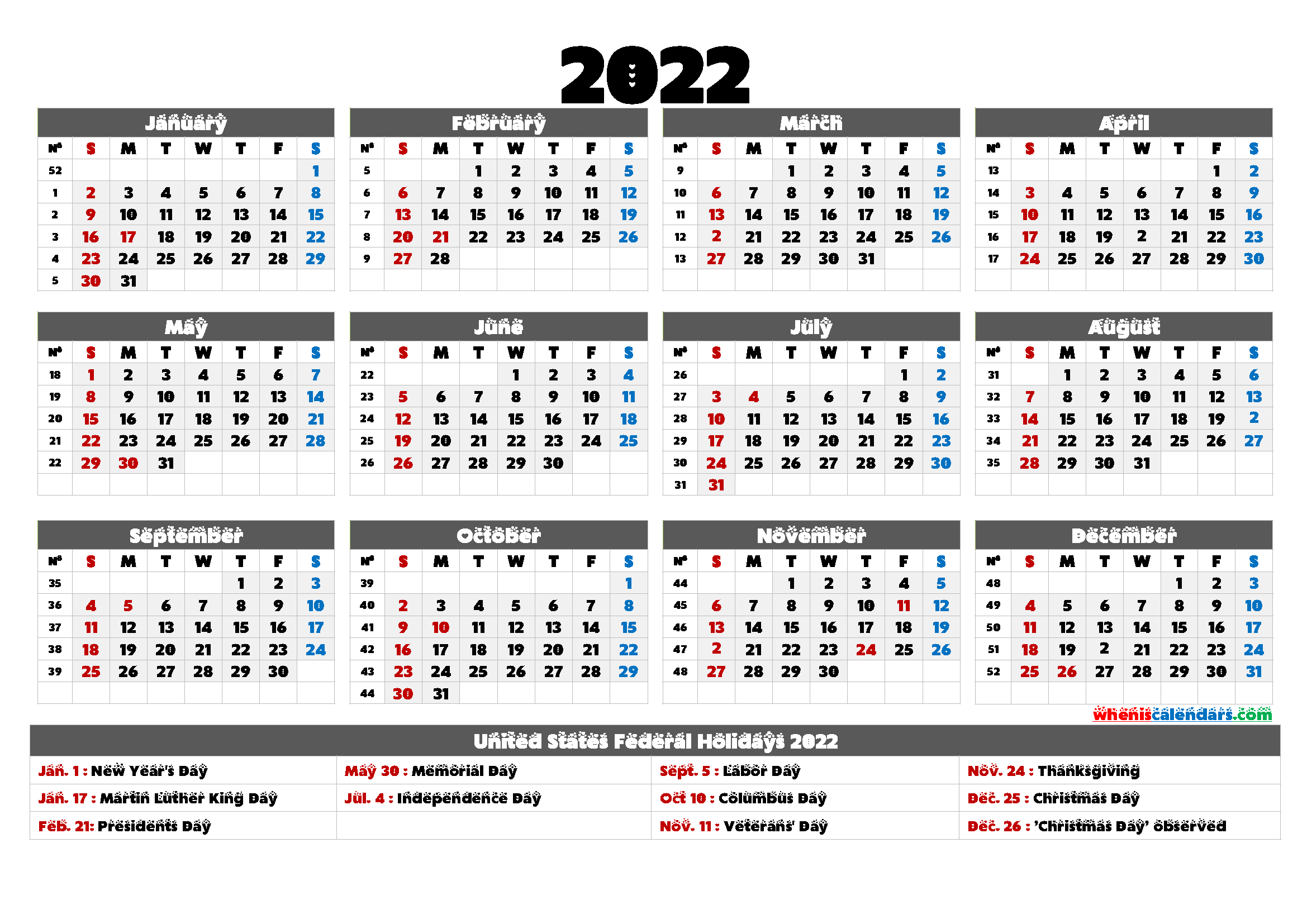 Printable Calendar 2022 With Holidays - 6 Templates  Free Printable 2022 Calendar With Holidays