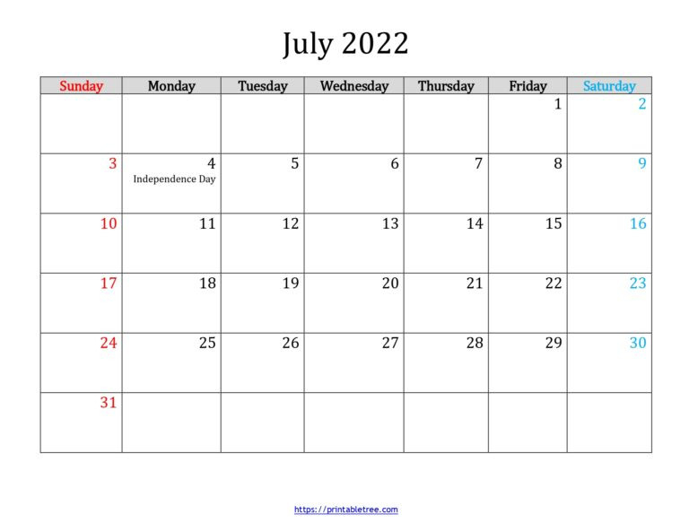 Printable Calendar July 2022 Pdf | Blank Calendar July  Calendar 2022 Festival