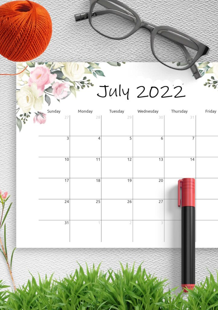 Printable Calendar July 2022 Pdf | Blank Calendar July  Free Printable Coloring Calendar 2022