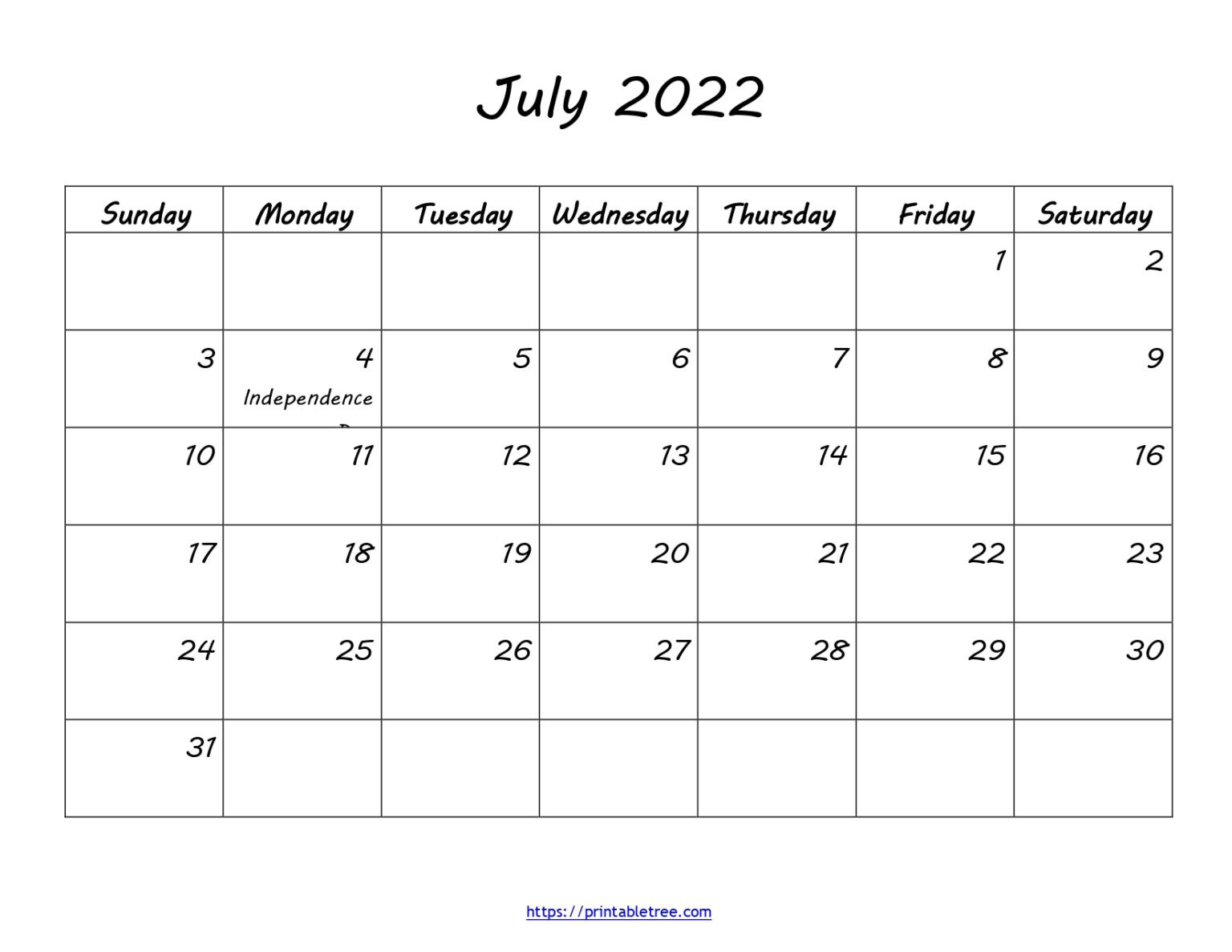 Printable Calendar July 2022 Pdf | Blank Calendar July  Summer 2022 Calendar Printable