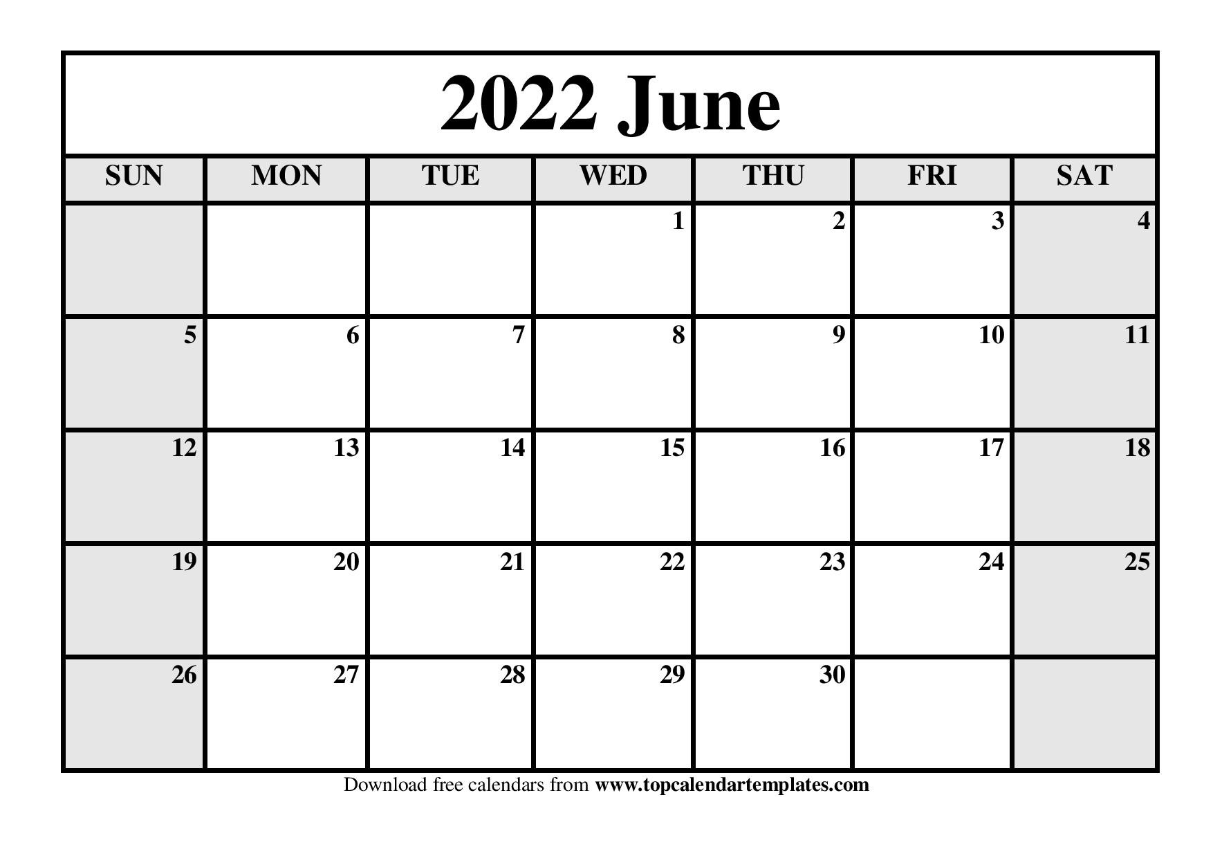 Printable Calendar June 2022 Templates - Pdf, Word, Excel  Printable Calendar January To June 2022