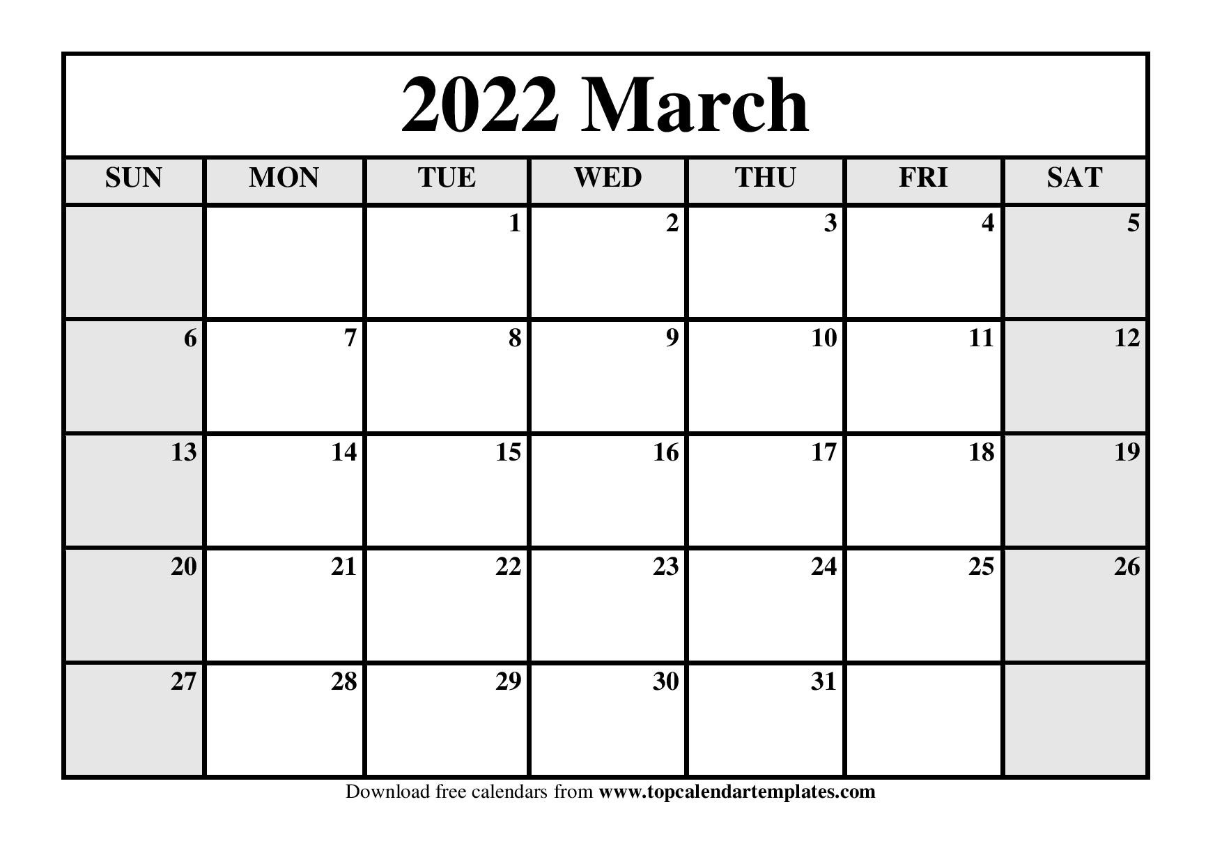 Printable Calendar March 2022 Templates - Pdf, Word, Excel  Blank Calendar April 2022 To March 2022