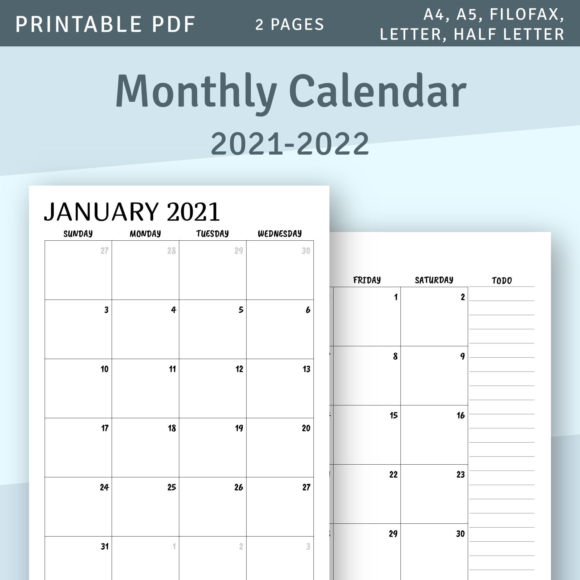 Printable Calendar Monthly 2021 2022 Month On Two Page | Etsy  Calendar Pages For 2022 To Print