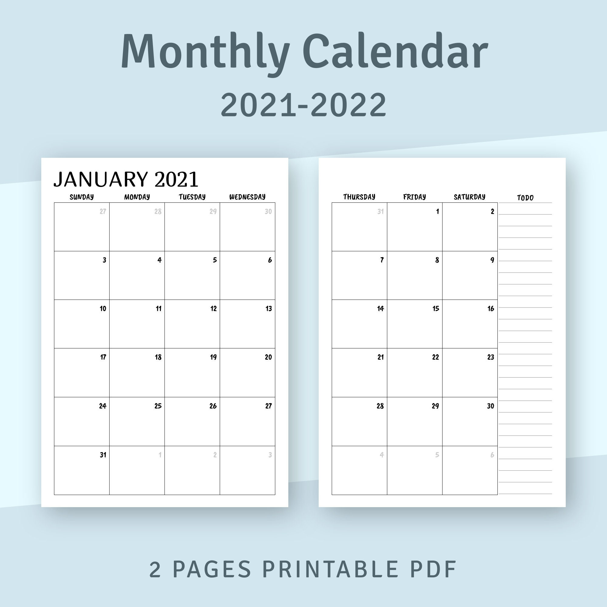 Printable Calendar Monthly 2021 2022 Month On Two Page | Etsy  Free Calendar Template 2022 Zoom