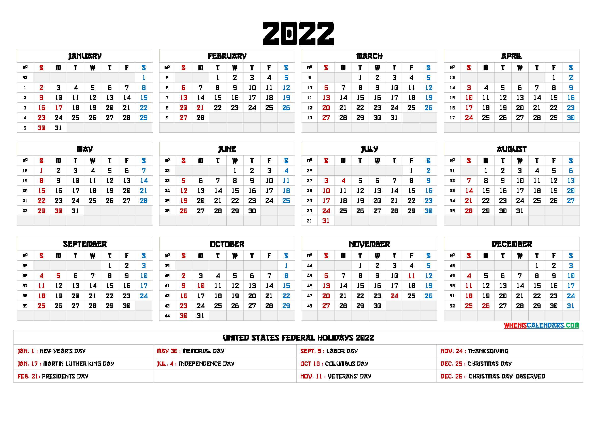 Printable Calendar Year 2022 : Free Download Printable  Whole Year Printable Calendar 2022