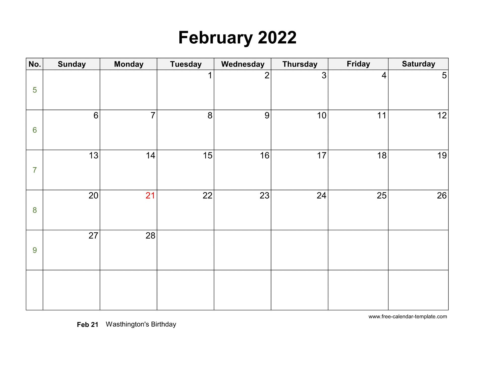 Printable Calendars February 2022 | Free Letter Templates  2022 Calendar Template Excel Free Download
