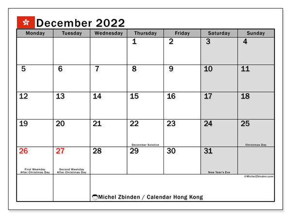 Printable December 2022 &quot;Hong Kong&quot; Calendar - Michel  December 2022 Hindu Calendar