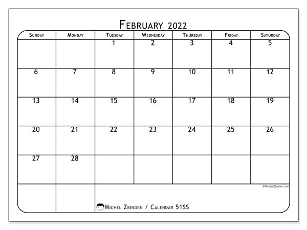 Printable February 2022 &quot;51Ss&quot; Calendar - Michel Zbinden En  December 2022 Through February 2022 Calendar