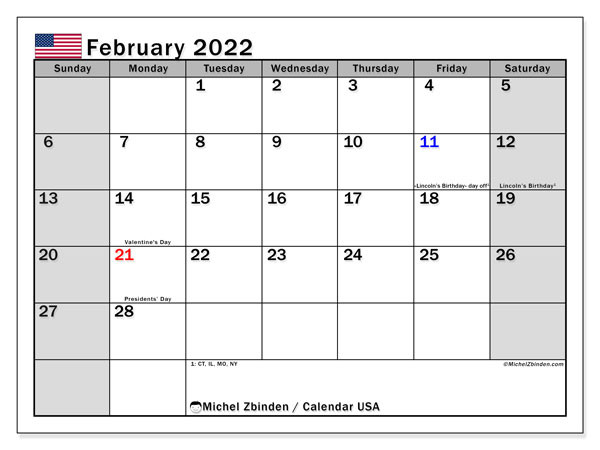 Printable February 2022 &quot;Usa&quot; Calendar - Michel Zbinden En  Printable Calendar 2022 Usa