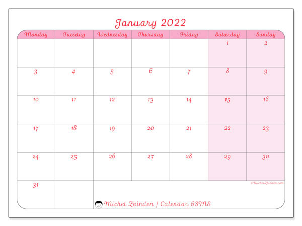 Printable January 2022 &quot;63Ms&quot; Calendar - Michel Zbinden En  2022 Calendar Printable Pink