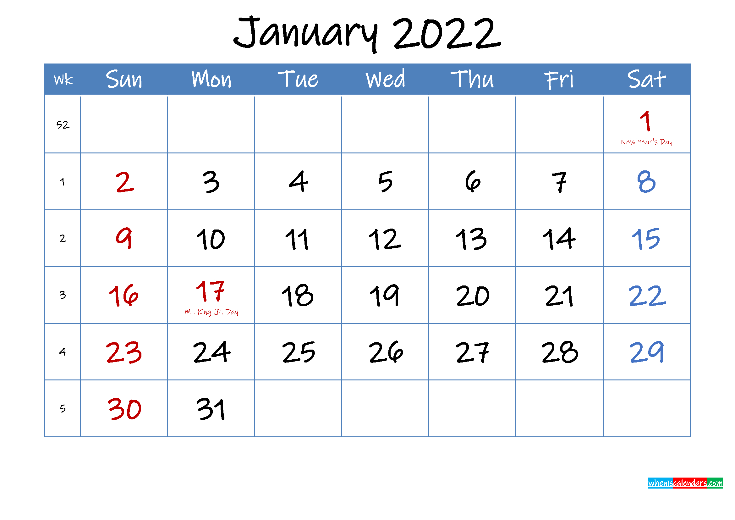 Printable January 2022 Calendar Word - Template Ink22M13  Calendar 2022 January To May